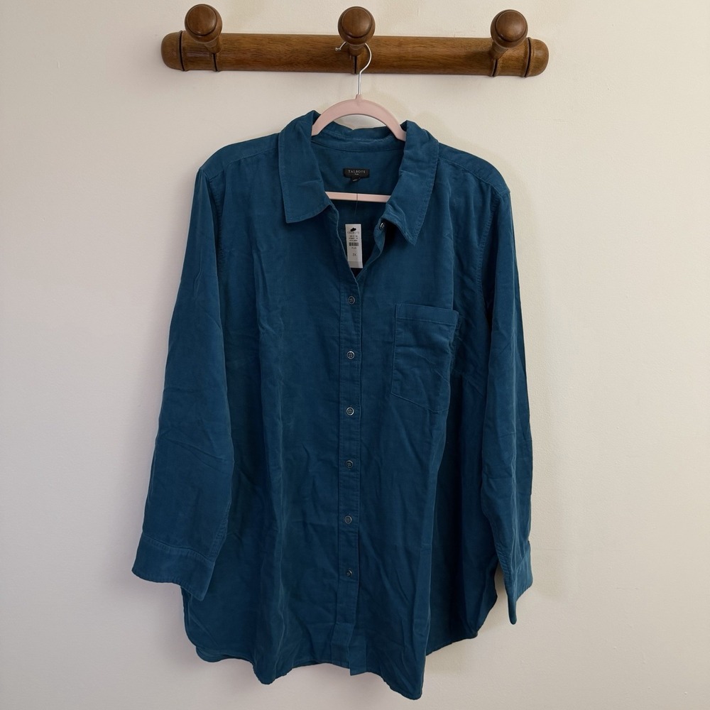 Talbots Womens Teal Corduroy L/S Lightweight Soft Button-Up Shirt Sz 3X Plus NWT